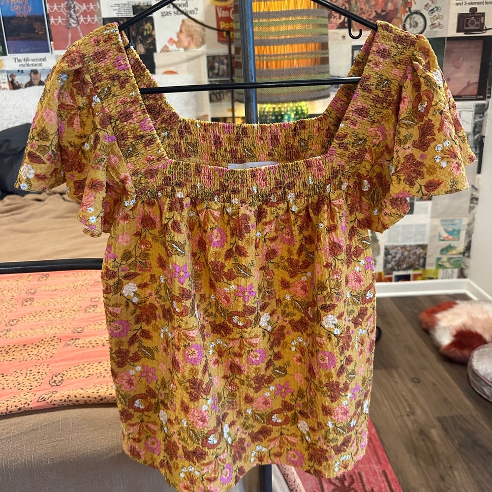 LOFT Floral Smocked Blouse in Mustard and Pink